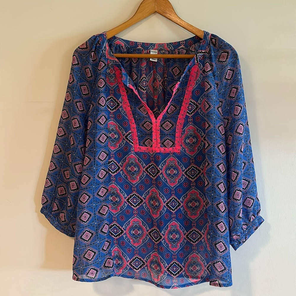 Old Navy Boho Blouse.  Bright Blue and Hot Pink.  Size Large.
